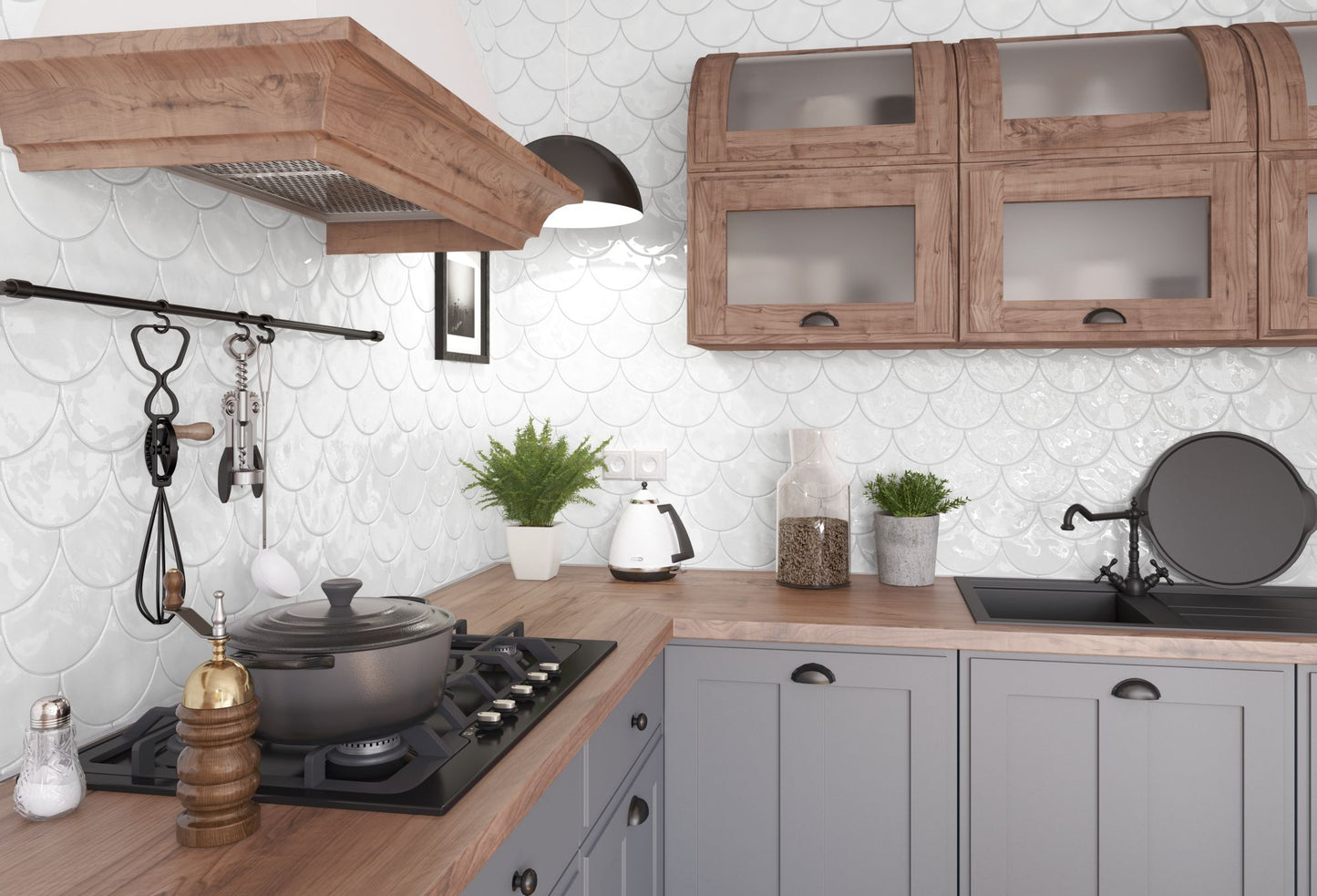 Drop White 6x7 Polished Finish Fish Scale Backsplash Tile