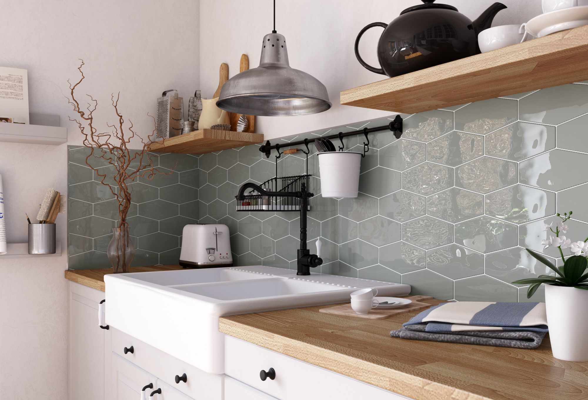 Hex Grey 4x8 Polished Finish Ceramic Backsplash Tile