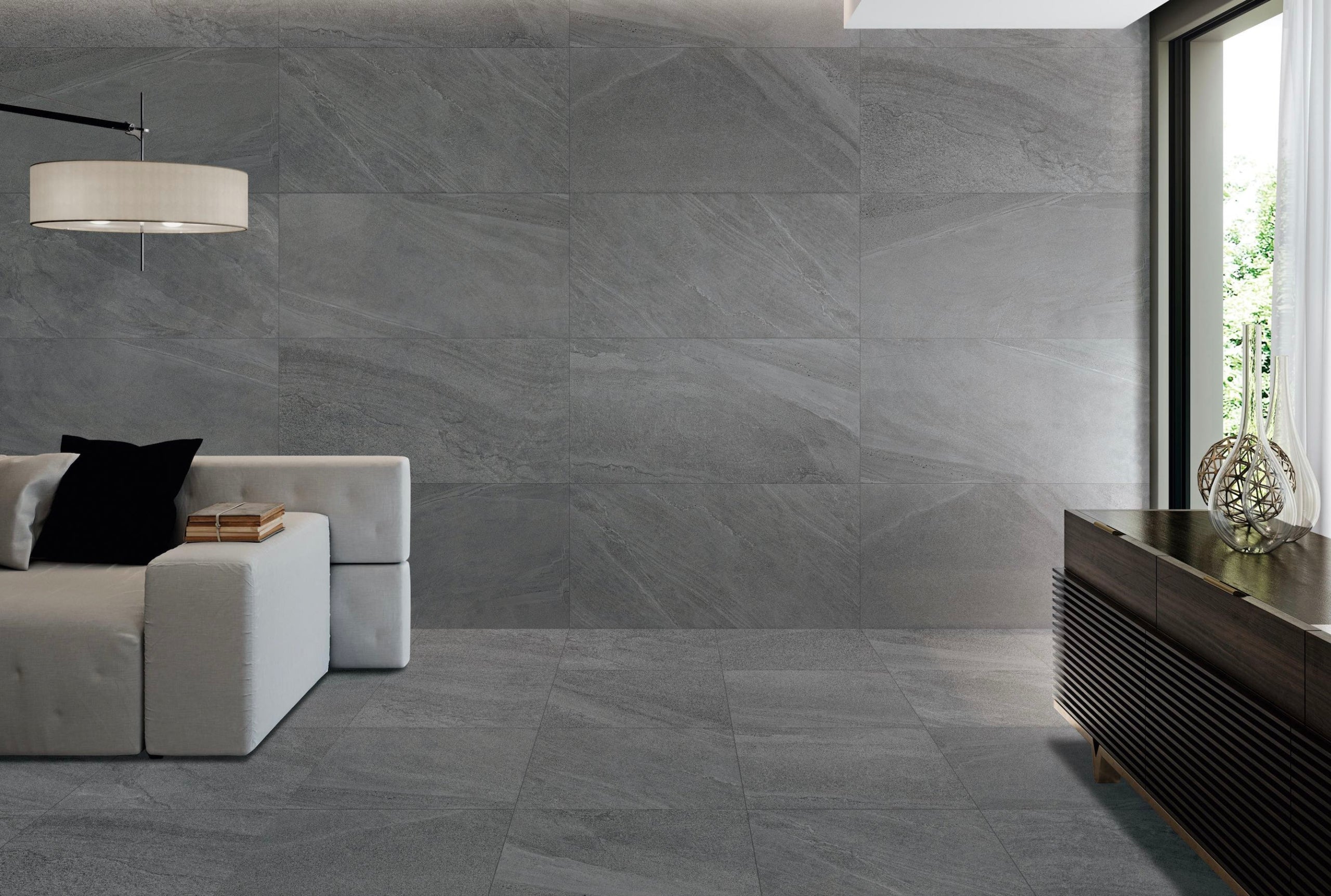 Limestone Dark Grey 24x24 Polished Slate Look Porcelain Tile
