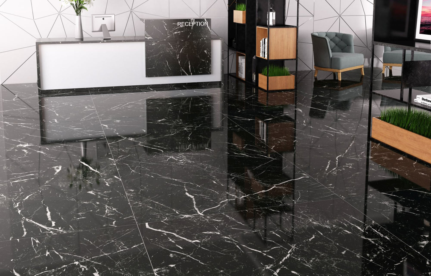 Zimbabwe Black 24x48 Polished Marble Look Porcelain Tile
