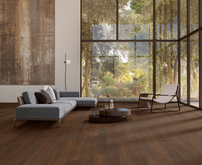 Modern living room with dark brown wood flooring