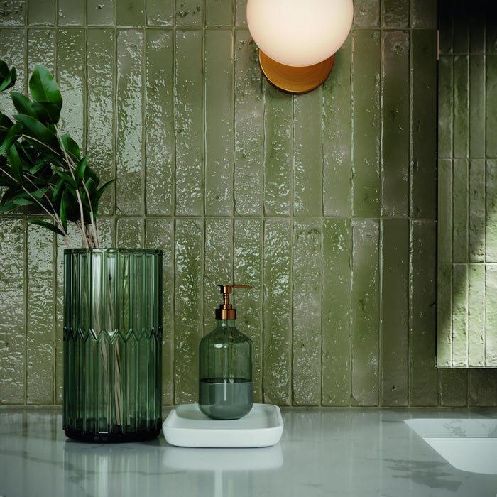 Brutalist Olive 2x10 Polished Ceramic Subway Tile - Backsplash