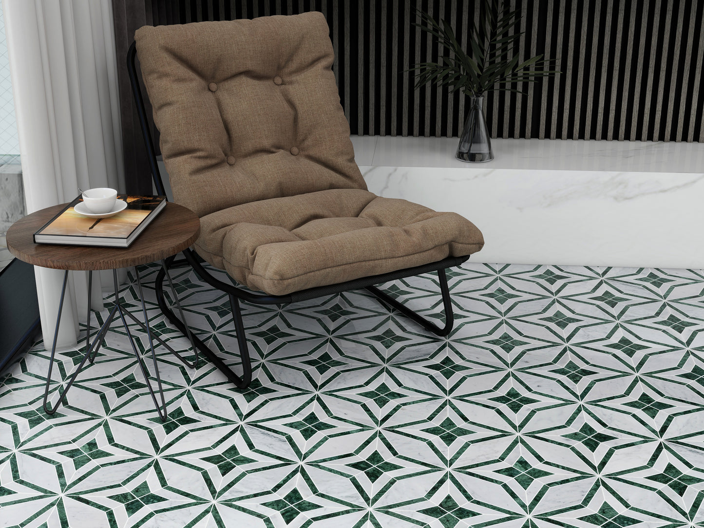 Floral Cararra/Verde 12"x12" Marble Tile