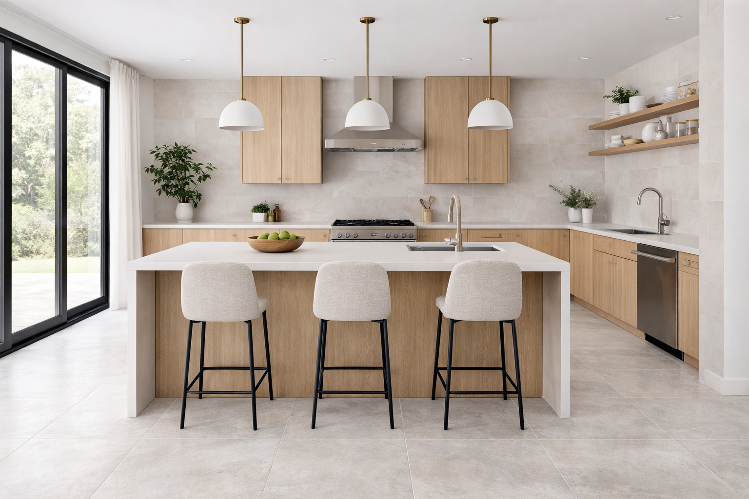 soft light-grey porcelain tile in kitchen