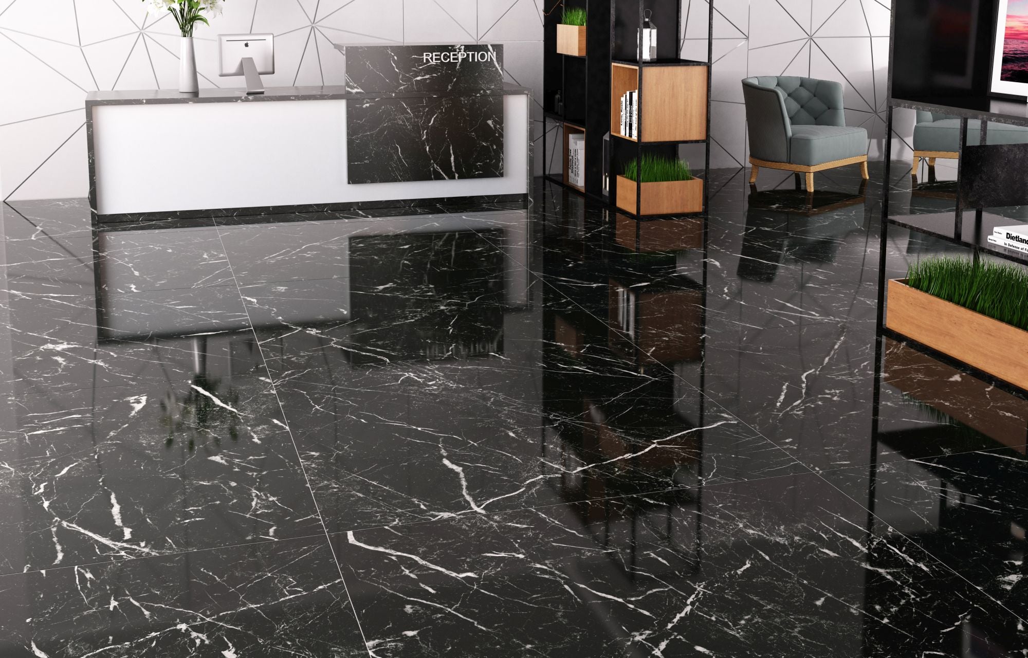 Zimbabwe Black 24x48 Polished Marble Look Porcelain Tile