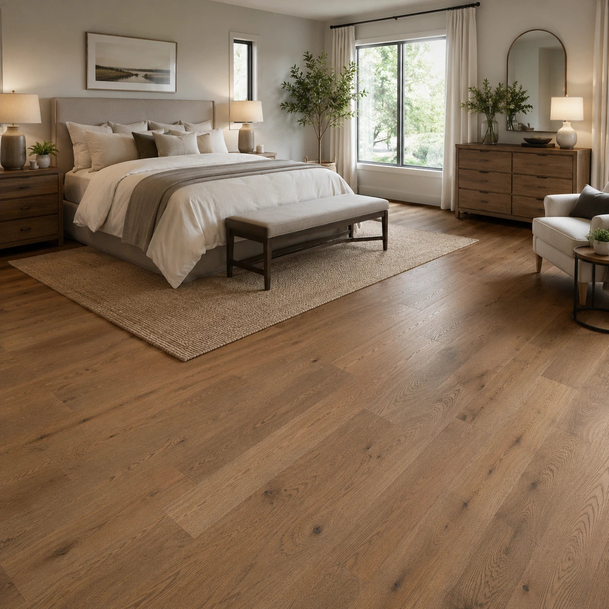 Avenor Velora hardwood flooring installed in a modern bedroom