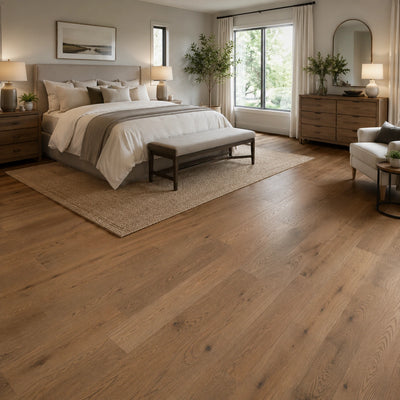 Avenor Velora hardwood flooring installed in a modern bedroom
