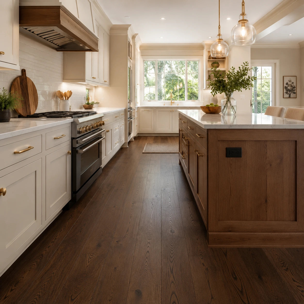 Modern kitchen with wooden flooring and white cabinets