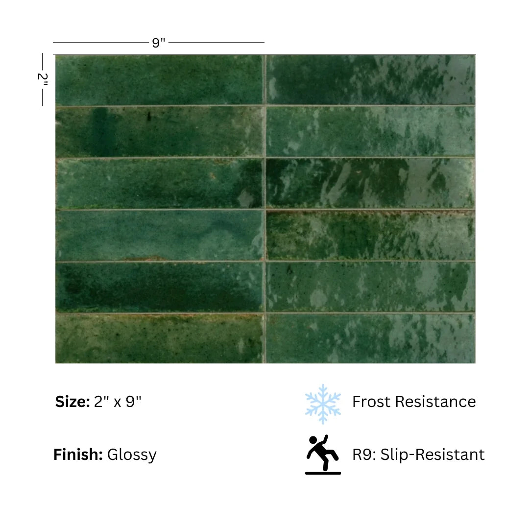 Lume Green Glossy 2"x9" Subway Porcelain Tile