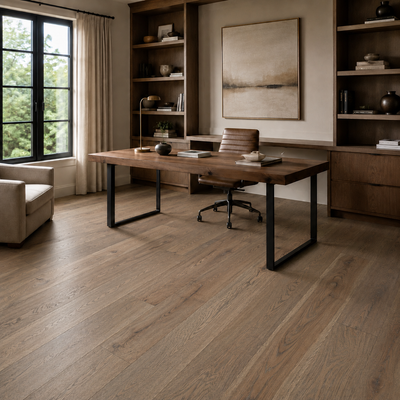 Modern home office with wooden flooring