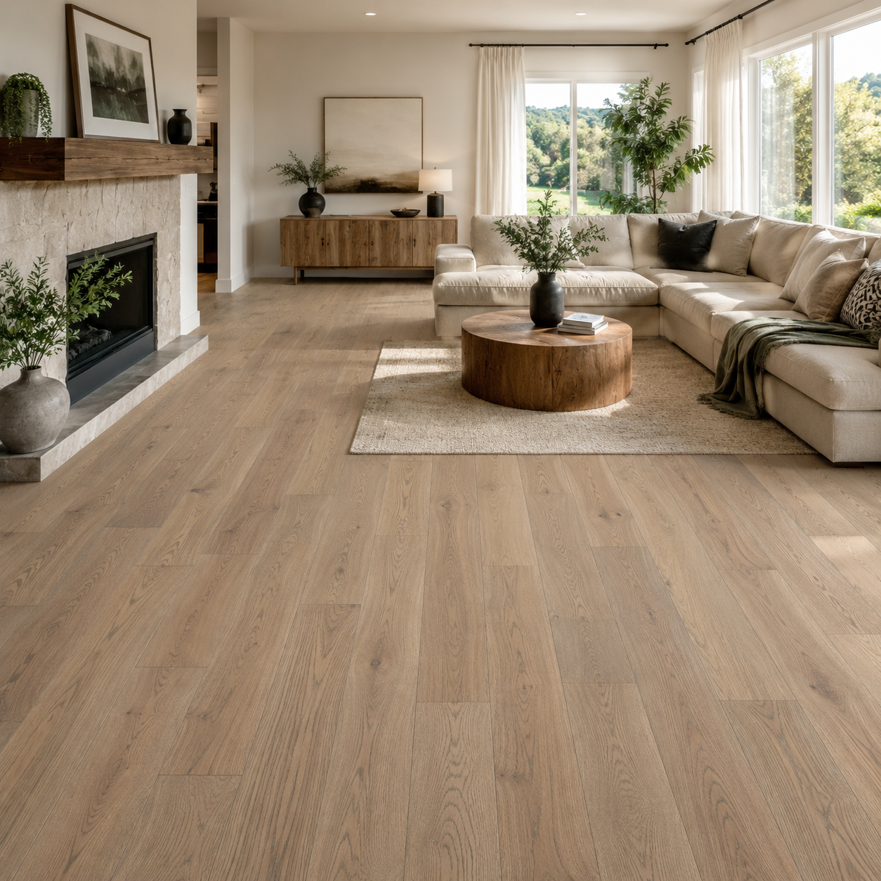 Living room with wooden flooring, sofa, and decorative elements.