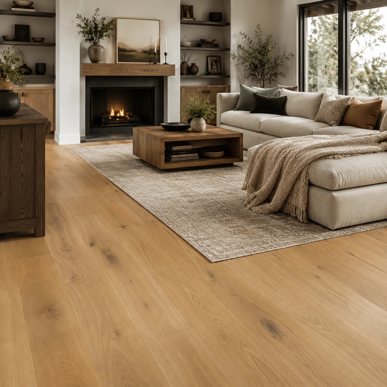 Light oak flooring with natural wood grain and knots
