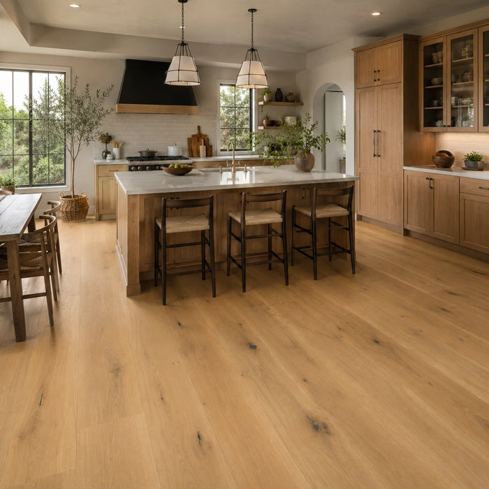 Light oak wood flooring installed in a modern kitchen with natural wood cabinets