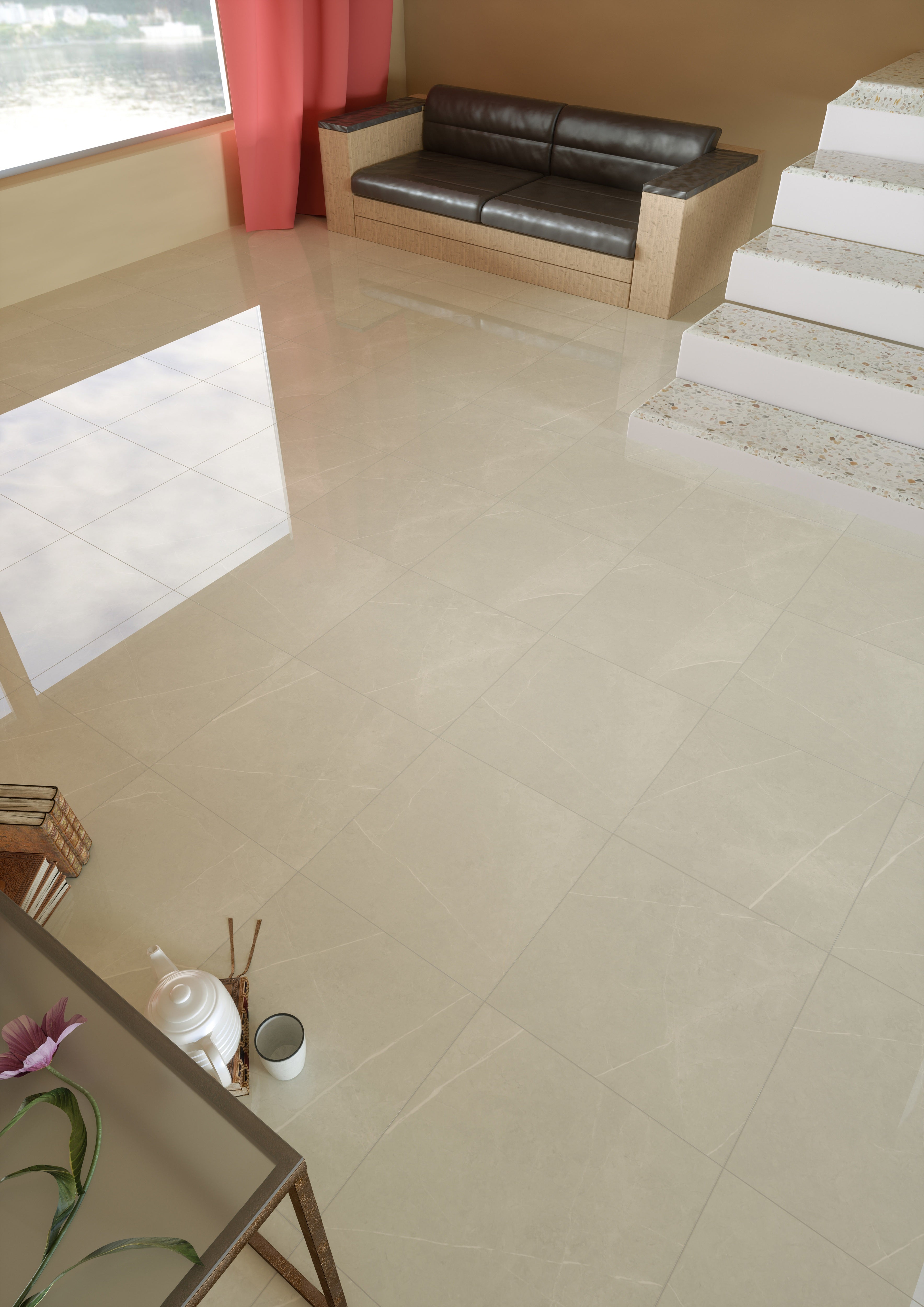 Porcelain Tile, featuring soft beige and cream veining in living room