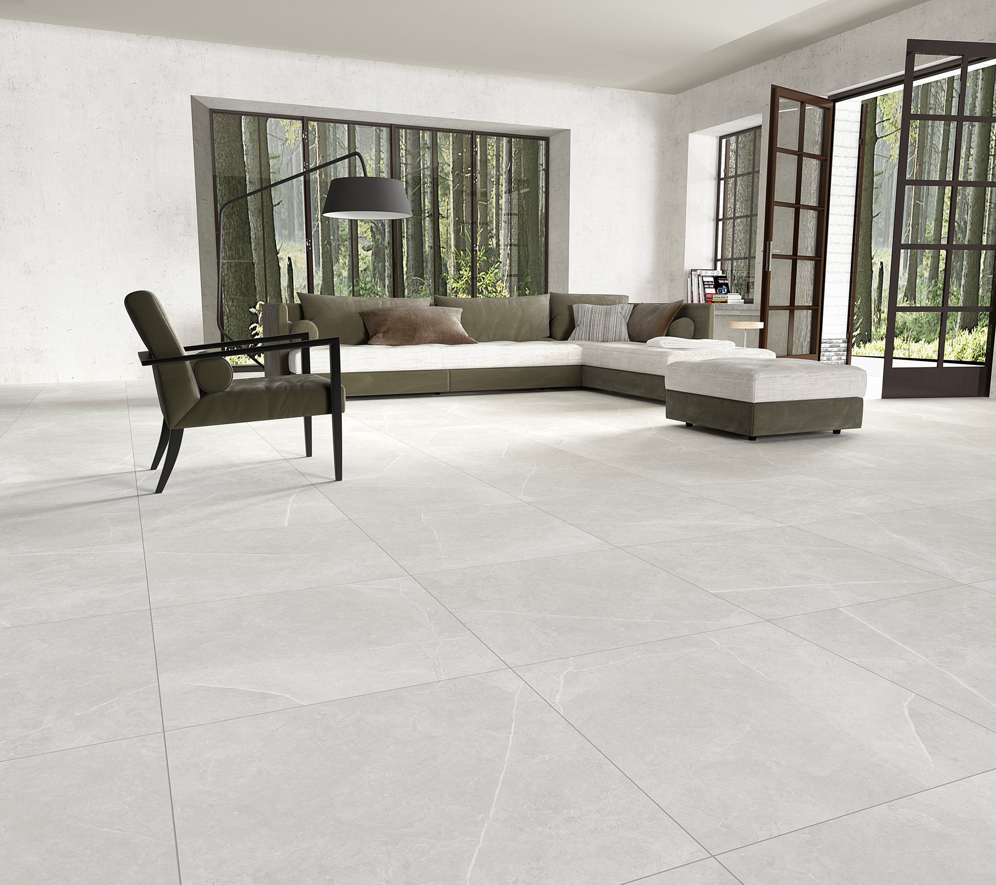 Porcelain Tile, featuring elegant white and soft gray veining in living room